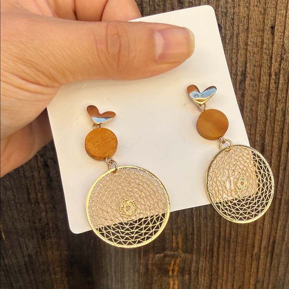 None Jewelry - Gold and Wood Drop Earrings - Heart Stud Design